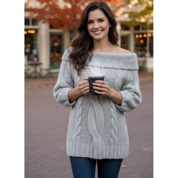 VTG Moda International Y2K Off Shoulder Wool Chunky Cable Knit Sweater Gray M - Picture 1 of 7